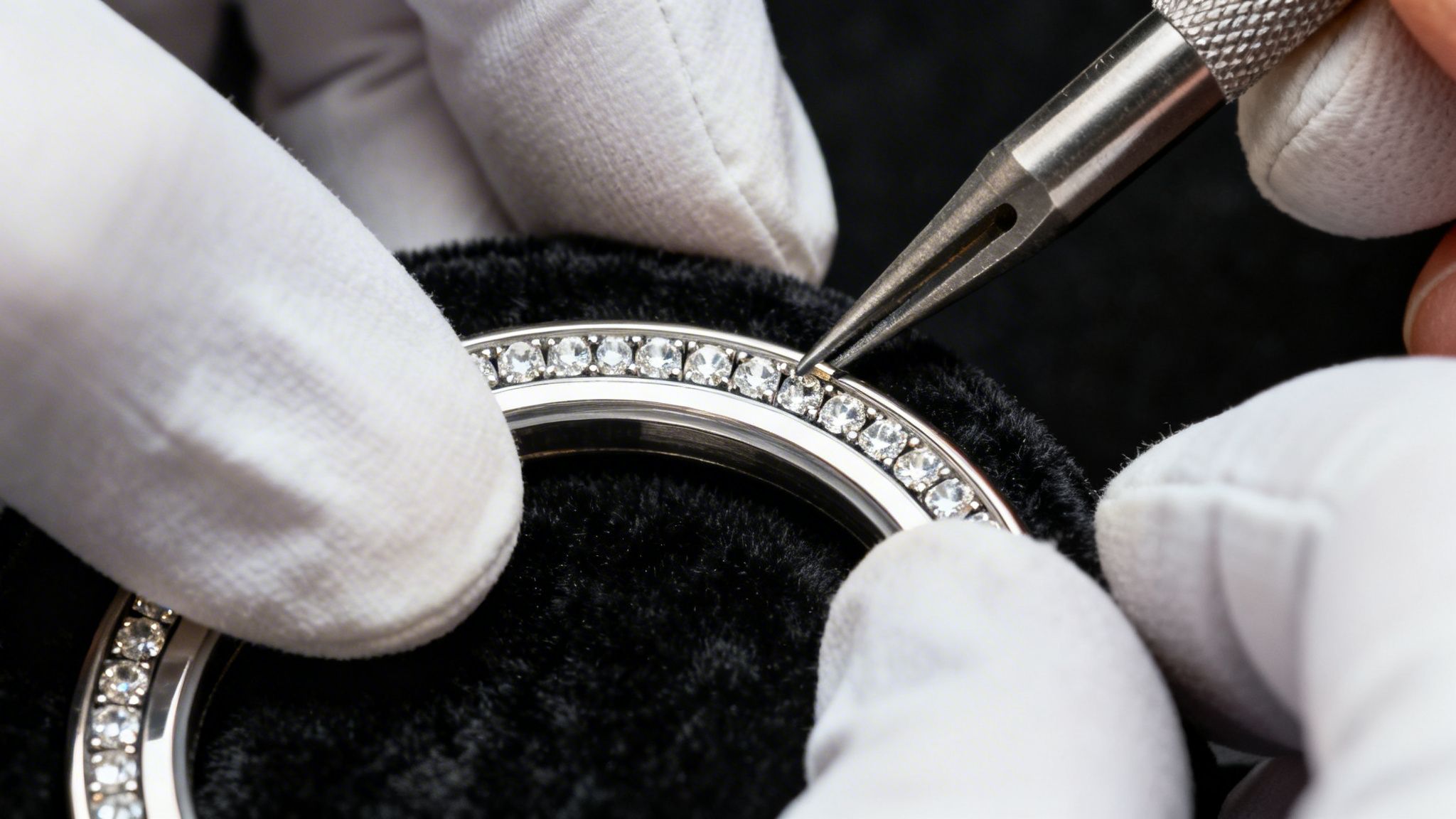 Expert jeweler delicately places a diamond into a watch bezel, surrounded by other sparkling gems.