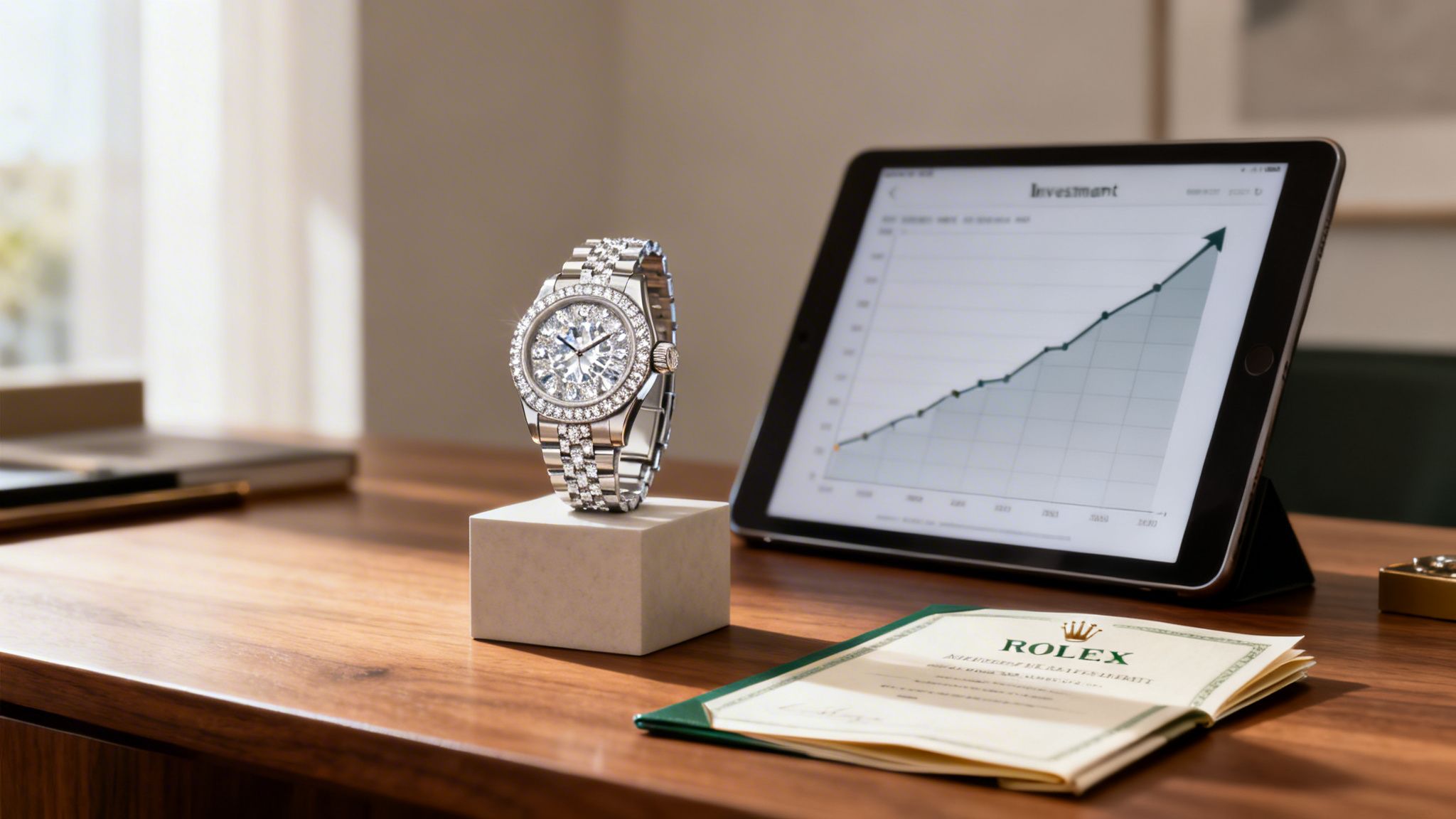 A sparkling diamond Rolex watch, an investment graph on a tablet, and a certificate on a wooden desk.