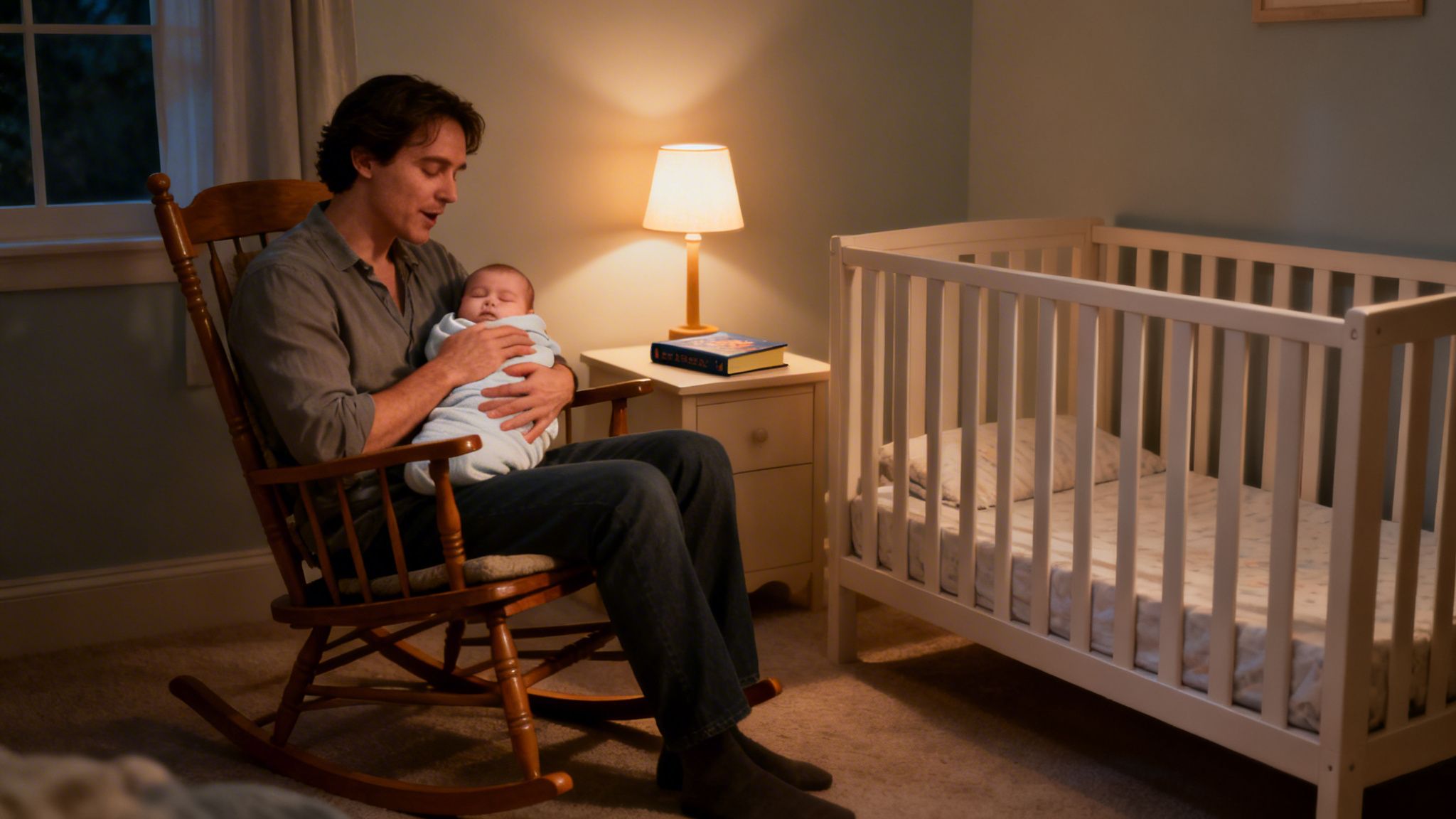 A loving father gently holds his swaddled baby in a rocking chair in a softly lit nursery.