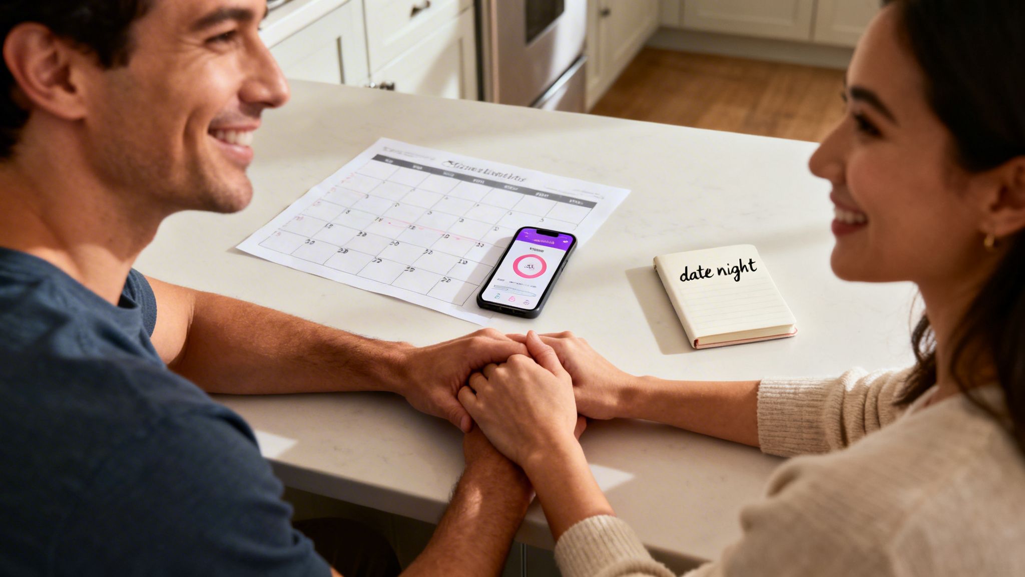 A smiling couple holds hands over a counter with a calendar, smartphone app, and 'date night' notebook.