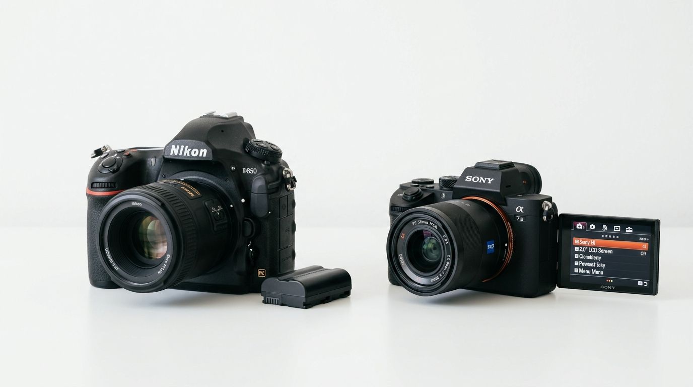 Two cameras, a Nikon DSLR and Sony mirrorless, with a battery, on a clean white surface.