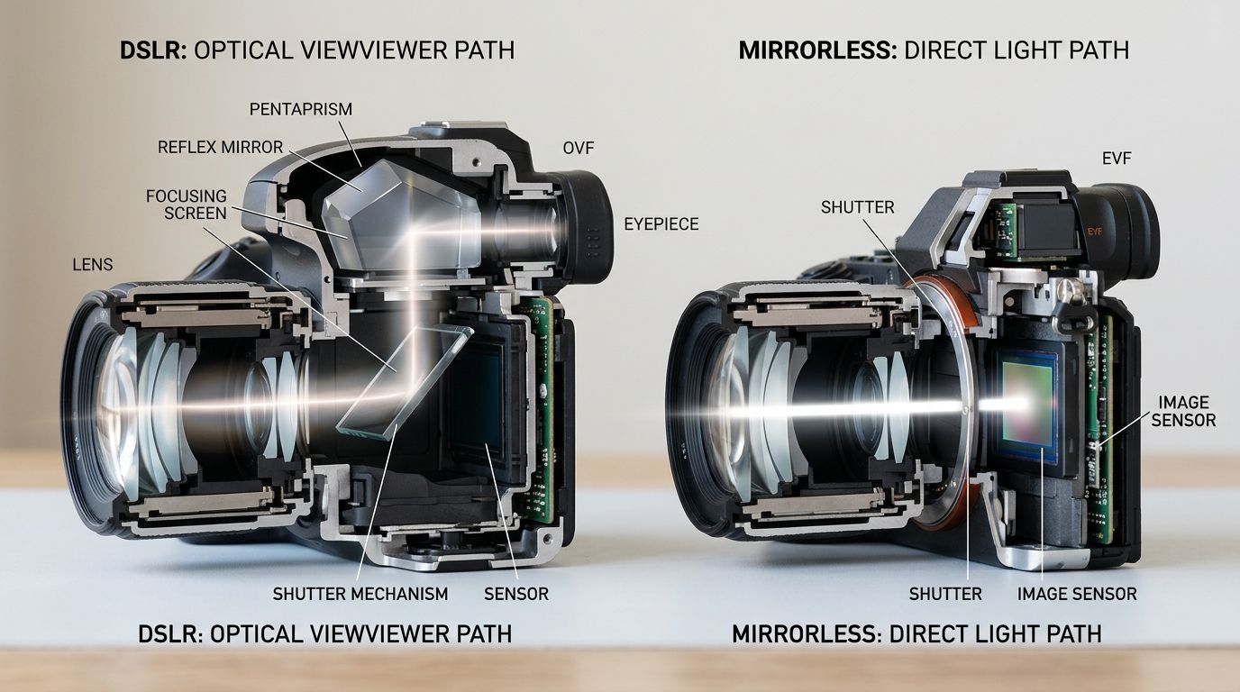Detailed cross-section illustrating the optical light path in a DSLR versus direct path in a mirrorless camera.