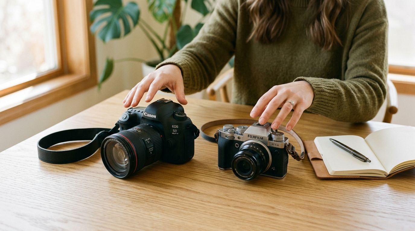 A person's hands reach for a Canon DSLR and a Fujifilm mirrorless camera on a wooden table.
