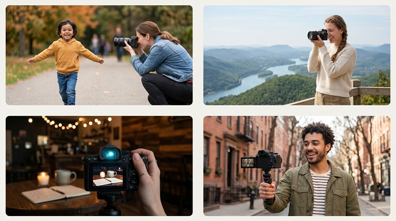 Four diverse scenes showcasing people using cameras for photography and videography in different settings.