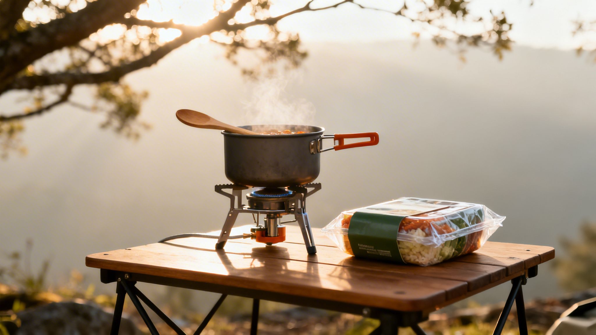Outdoor cooking scene with a steaming pot on a camping stove and pre-cut vegetables.
