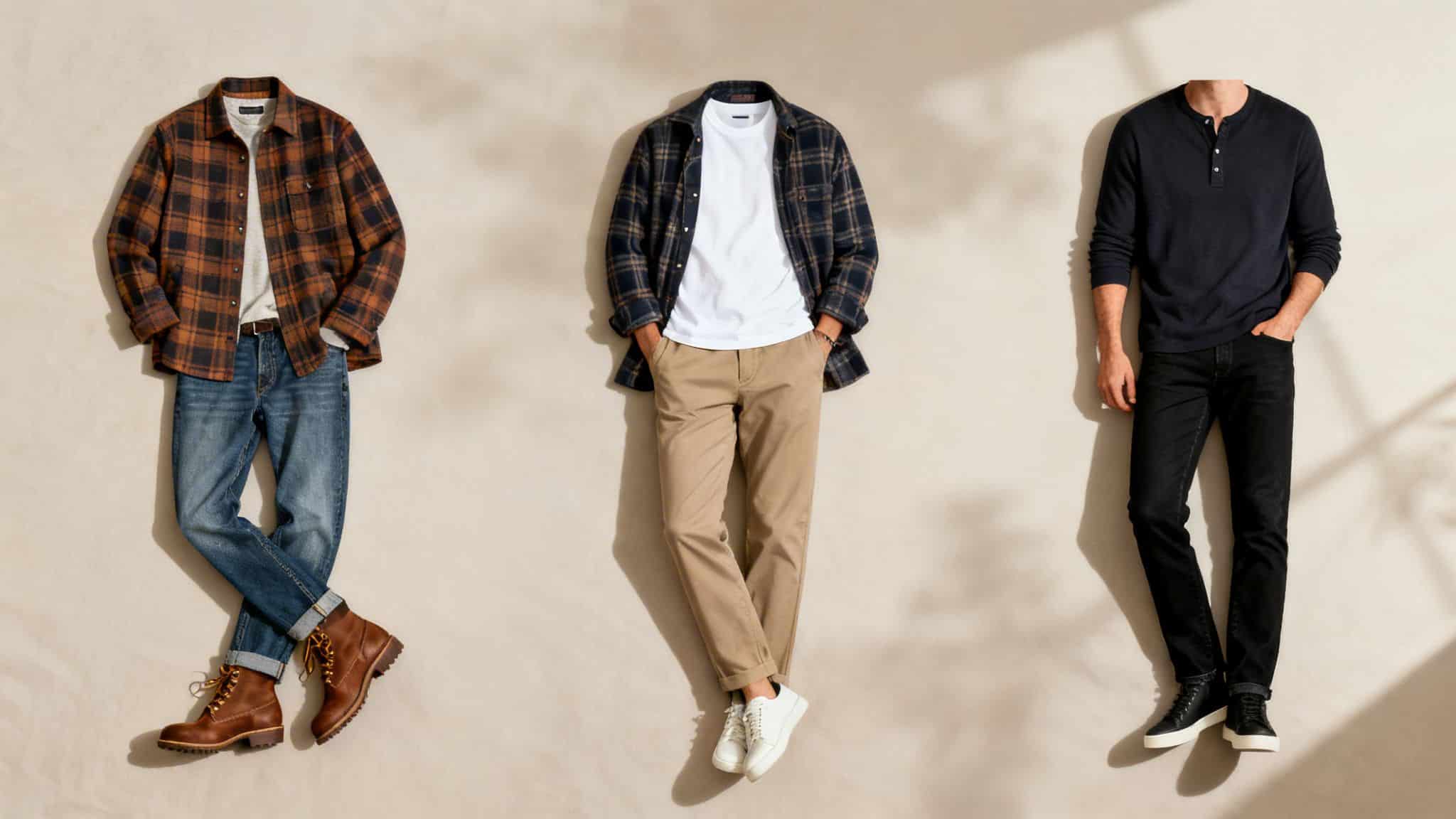 Three stylish men's fall outfits featuring flannel shirt jackets, jeans, chinos, and sneakers or boots.