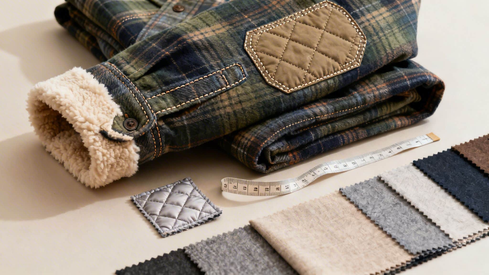 A folded plaid flannel shirt jacket with sherpa cuff and quilted patch, alongside fabric swatches and measuring tape.