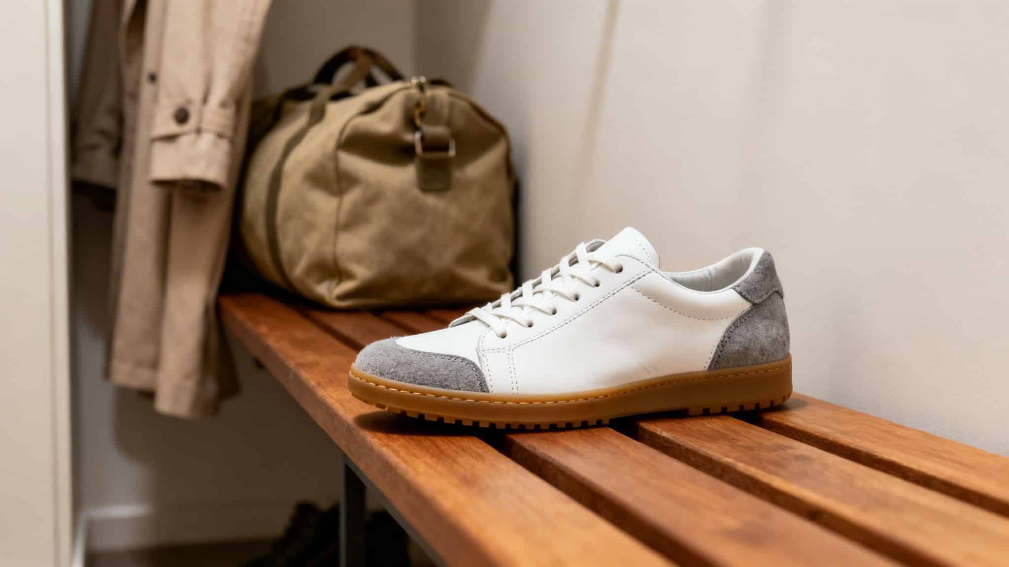 A stylish white sneaker with grey suede accents and a brown sole rests on a wooden bench.