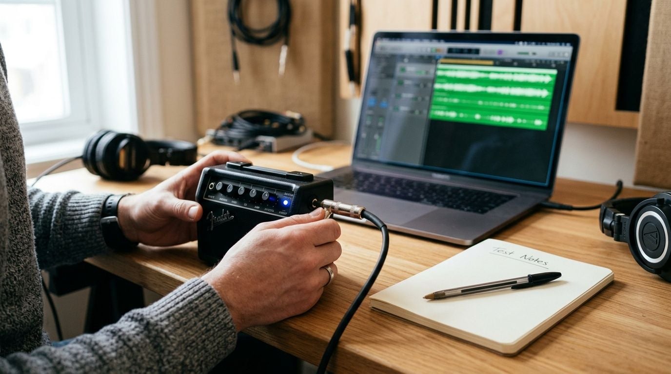 Hands plugging a cable into a Fender mini amplifier next to a laptop running a DAW.