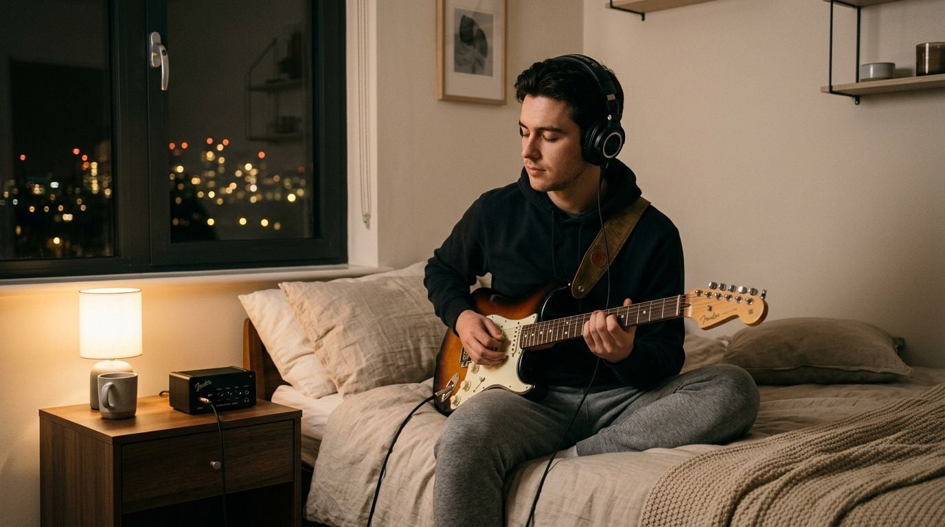 Young man in headphones playing electric guitar, connected to a headphone amplifier on a nightstand.
