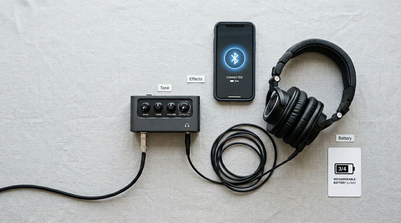 A black guitar headphone amplifier, headphones, and smartphone displaying Bluetooth connection and battery info.