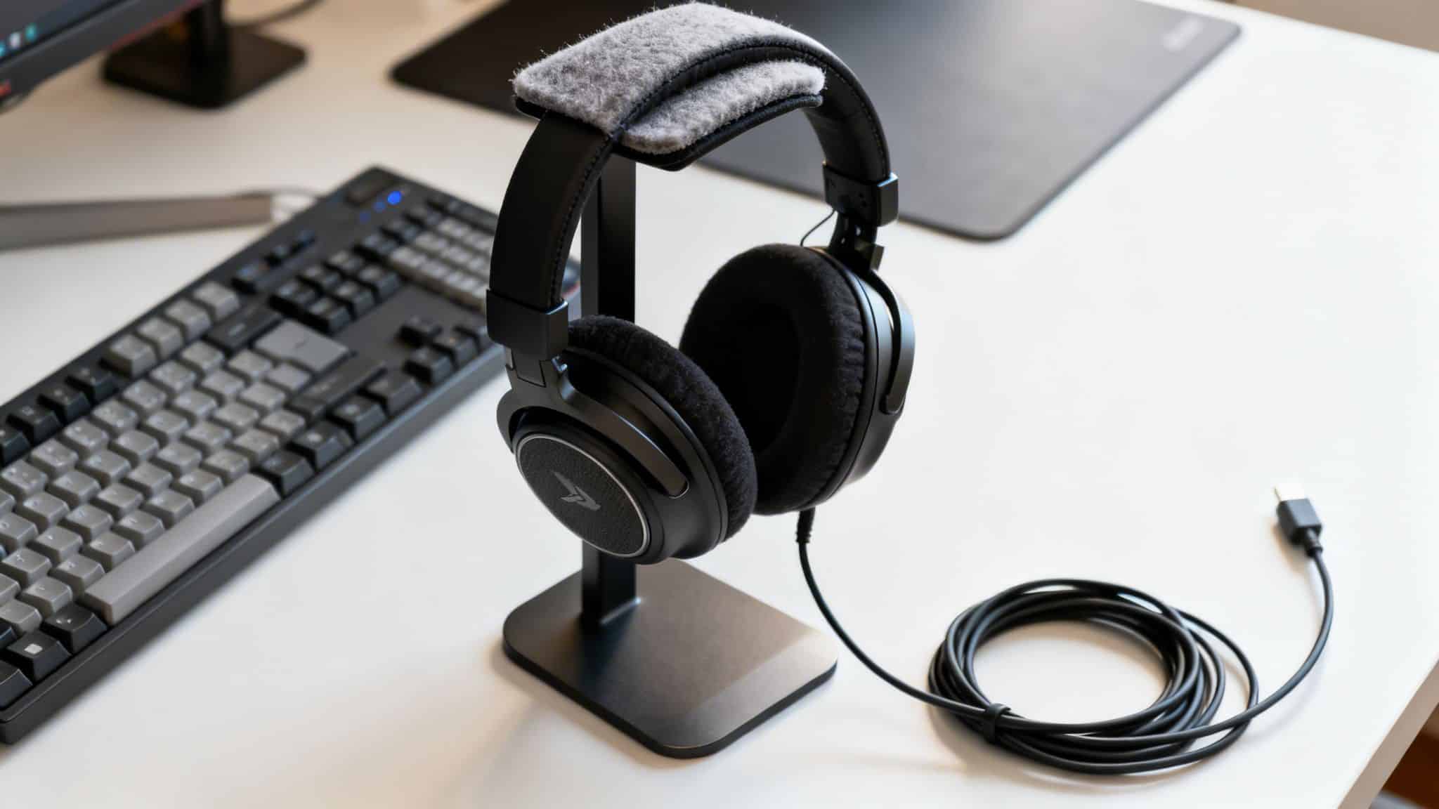 Black over-ear headphones with a gray headband cushion on a stand next to a keyboard and coiled cable on a white desk.