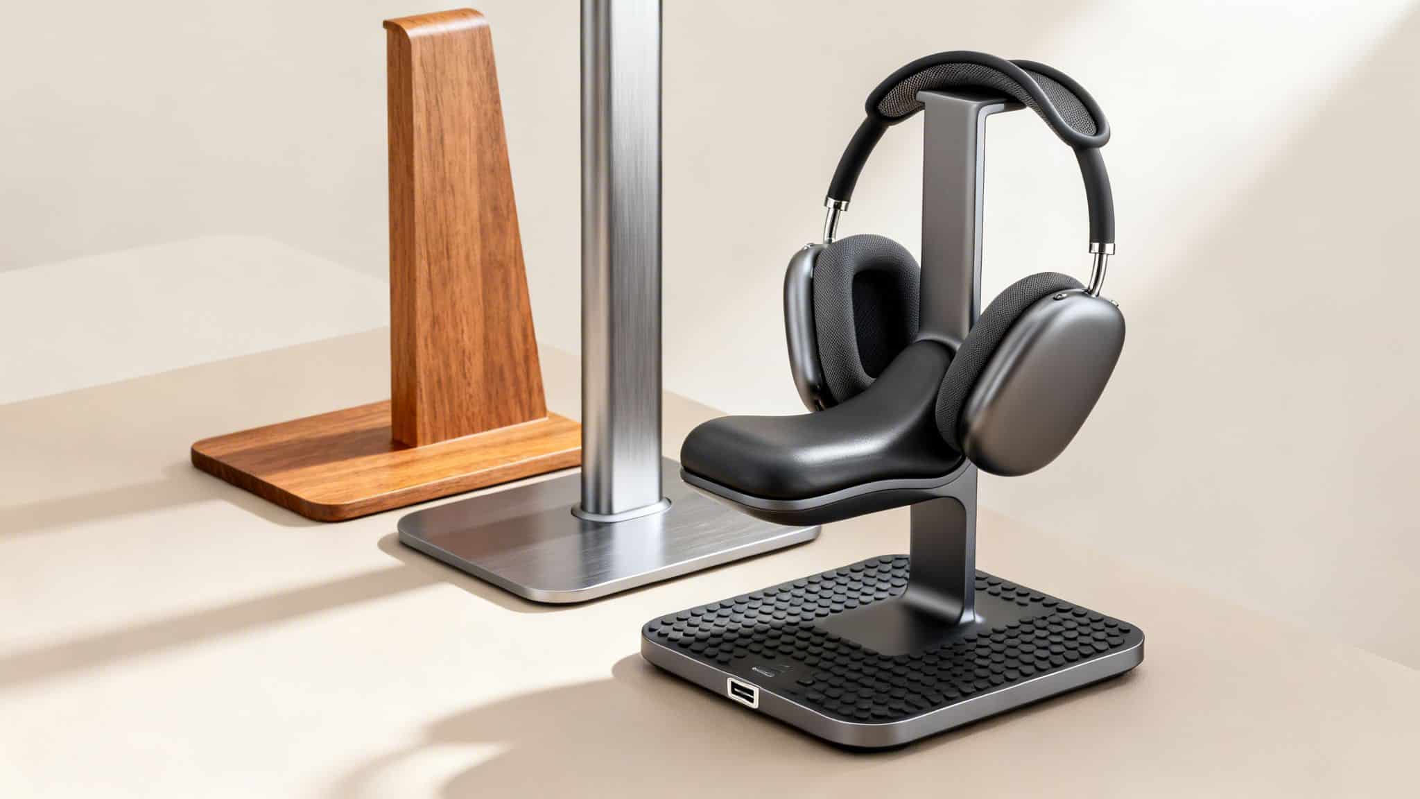 Three stylish headphone stands: one wooden, one silver, and one dark gray with headphones, on a modern desk.