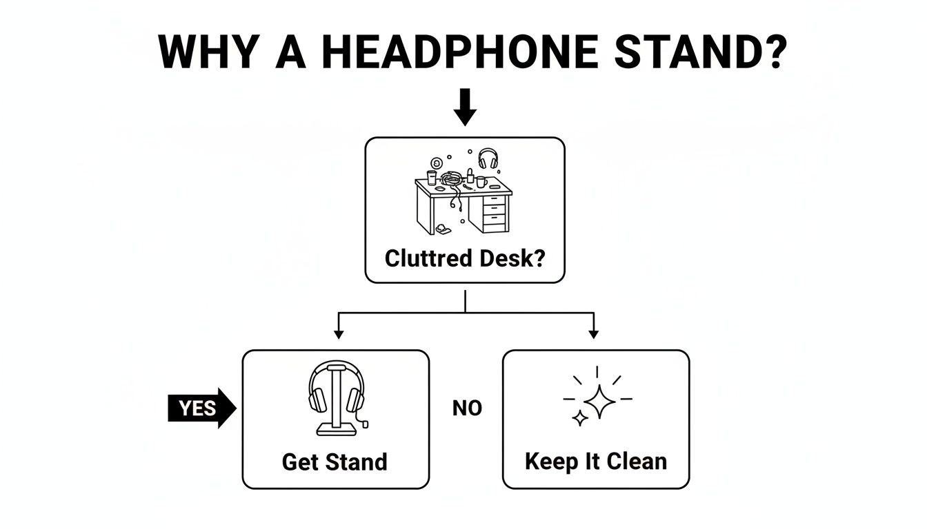 A flowchart explaining why a headphone stand is needed for a cluttered desk.