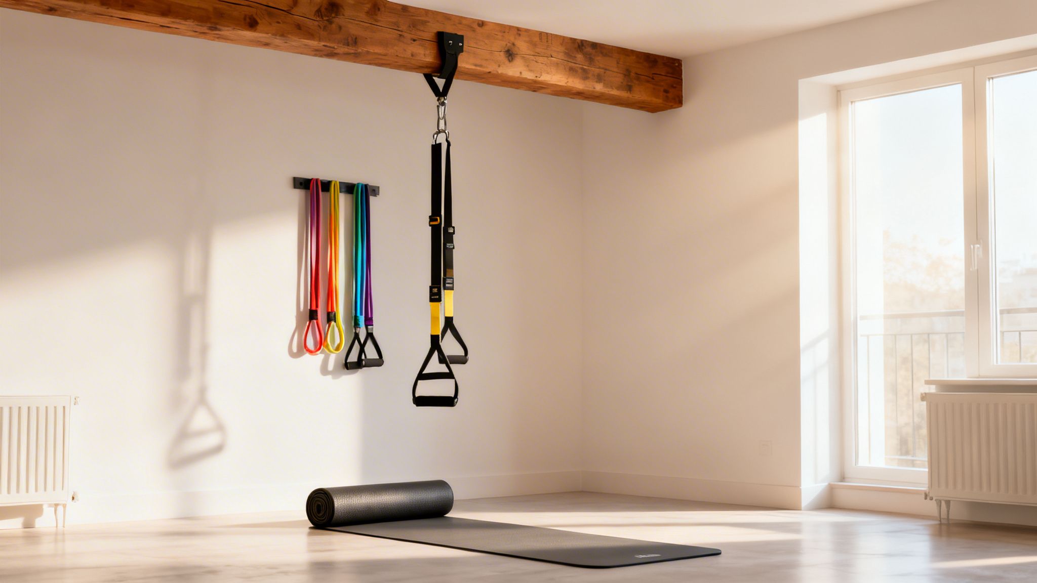 A bright home gym setup with a yoga mat, colorful resistance bands, and a suspension trainer.
