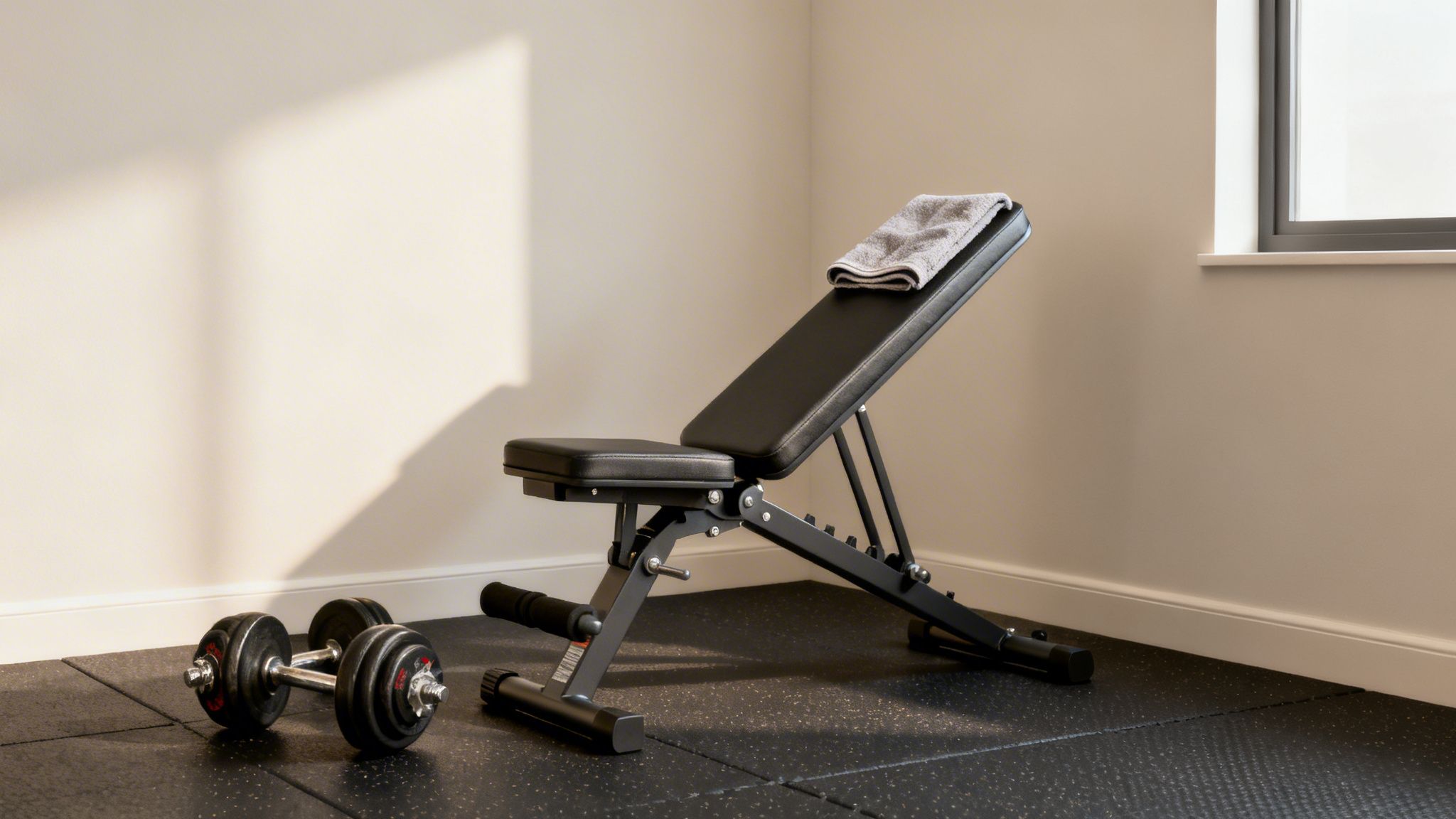 An adjustable black weight bench with a towel and two dumbbells on a rubber floor in a home gym.