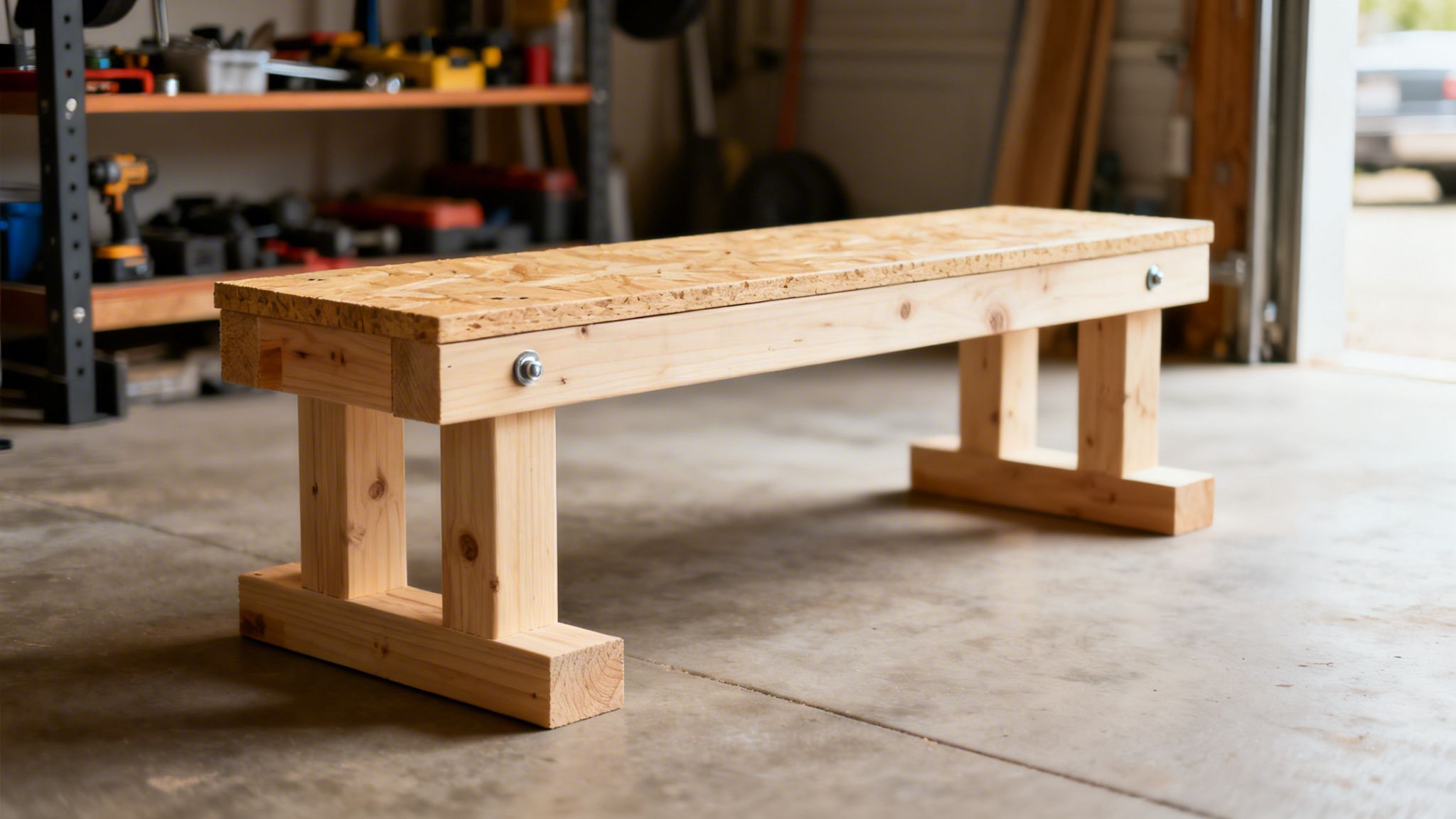 A sturdy, homemade wooden exercise bench made from plywood and dimensional lumber in a garage.