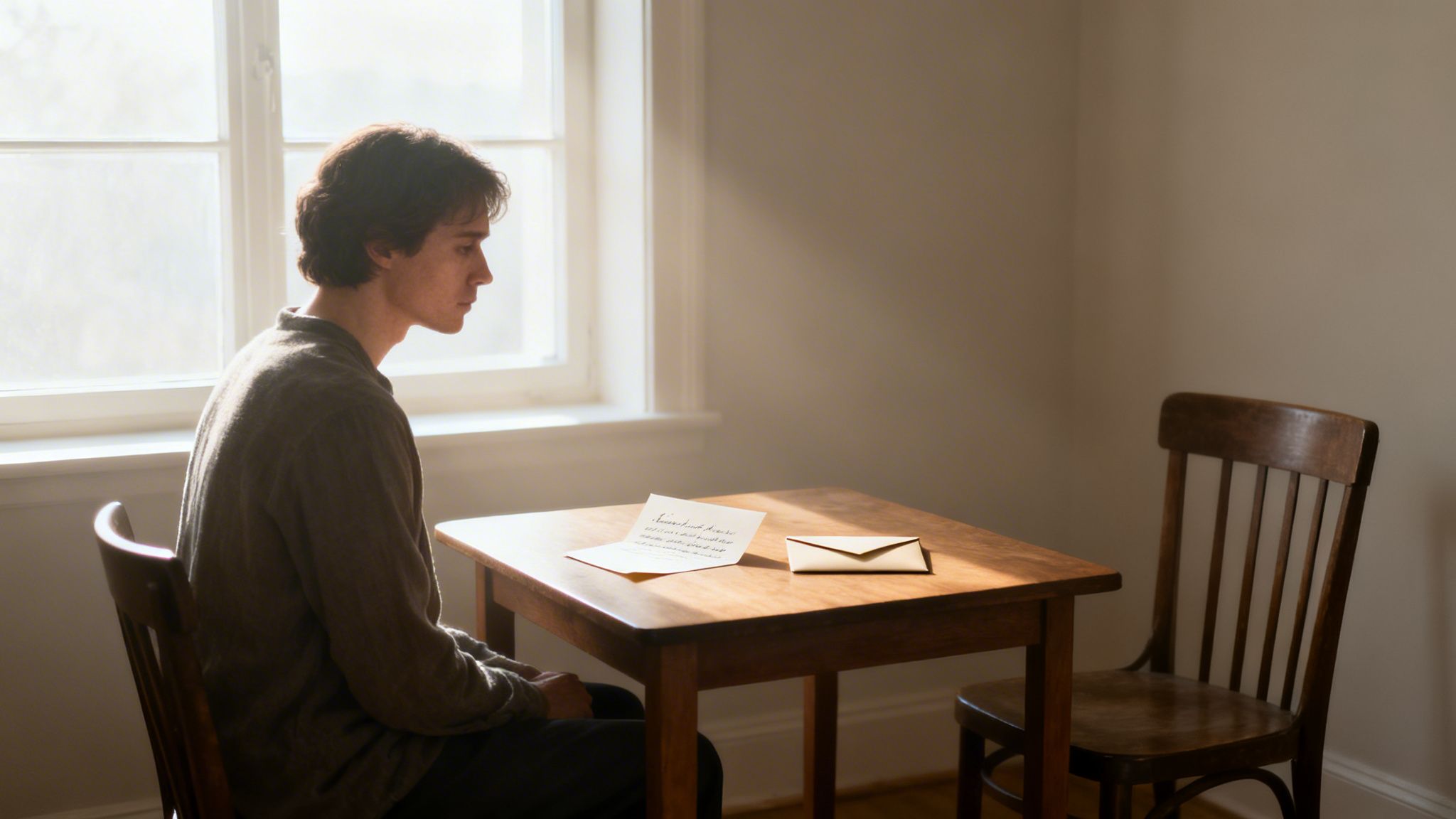 A young man sits at a wooden table with an open letter and an envelope by a sunlit window.