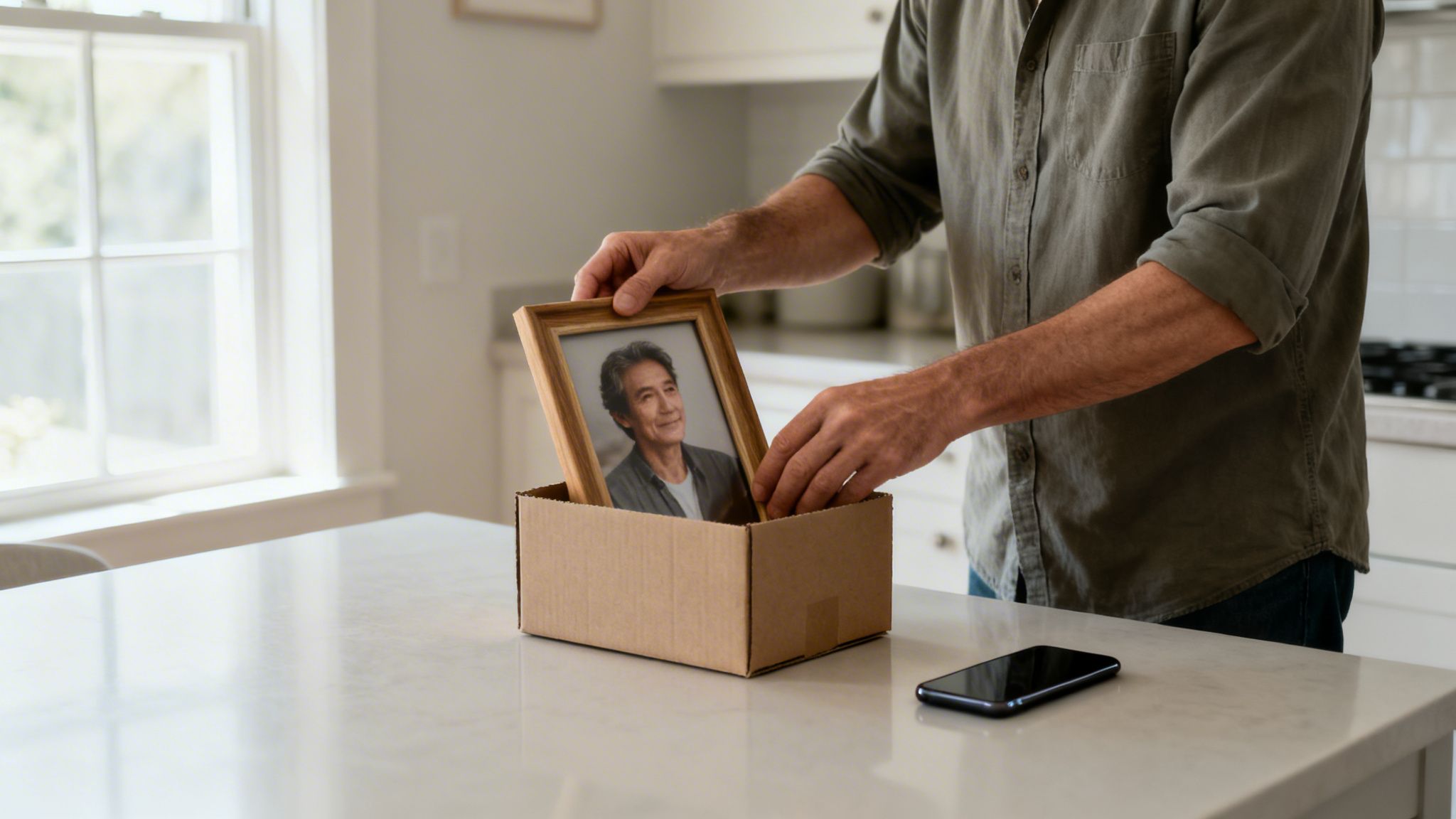 A man carefully places a framed photo of an older man into a cardboard box on a kitchen counter.