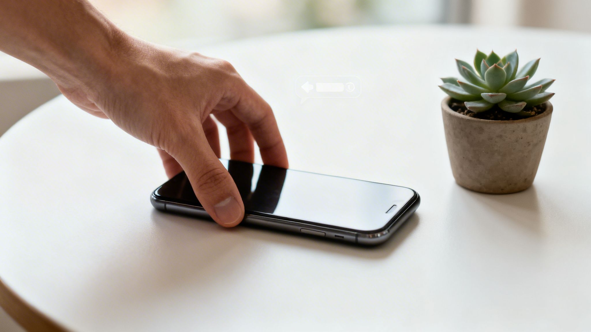 Close-up of a hand reaching for a smartphone next to a potted succulent on a white table.