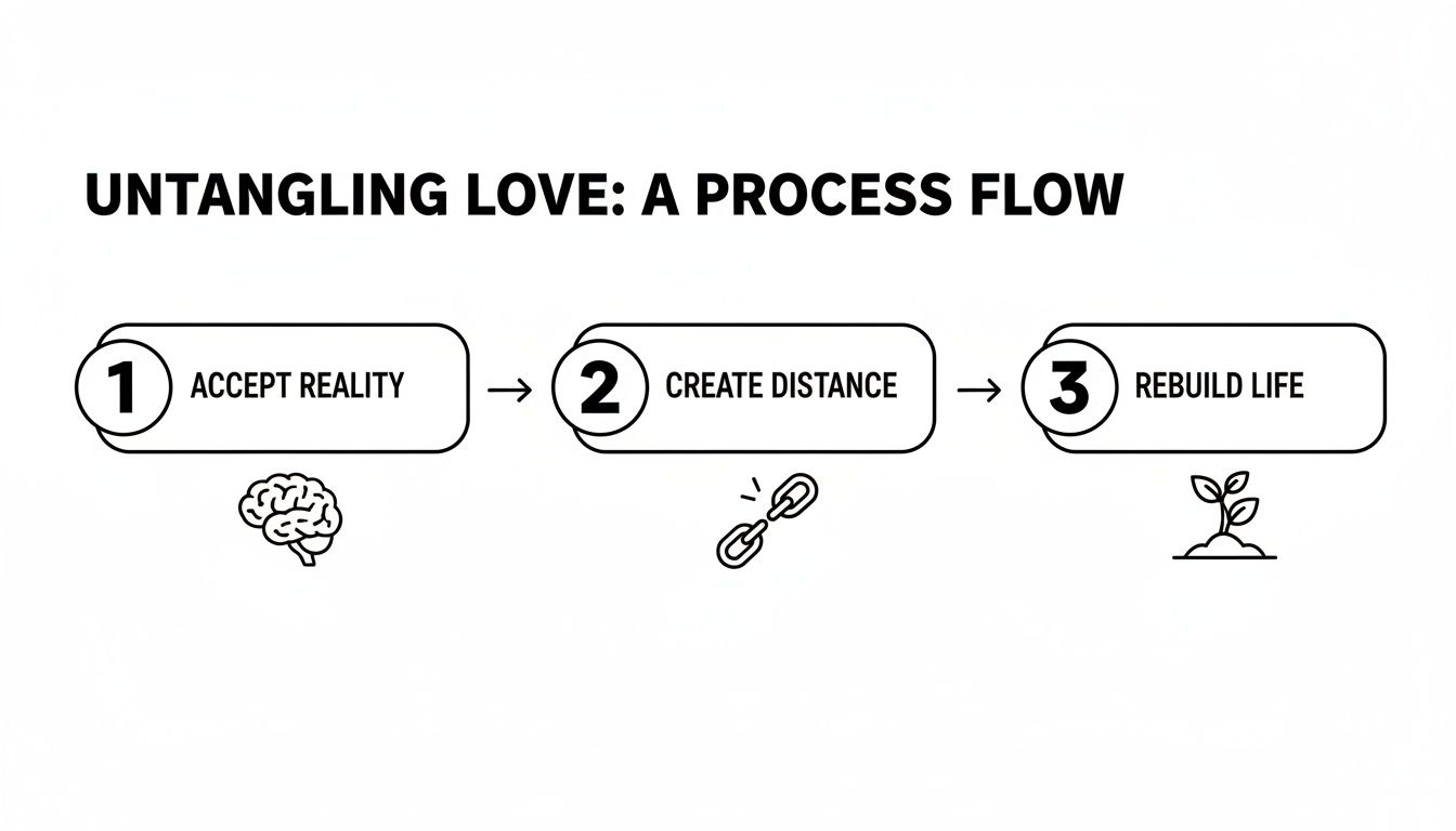 A three-step process flow diagram for untangling love: accept reality (brain), create distance (broken chain), rebuild life (plant).