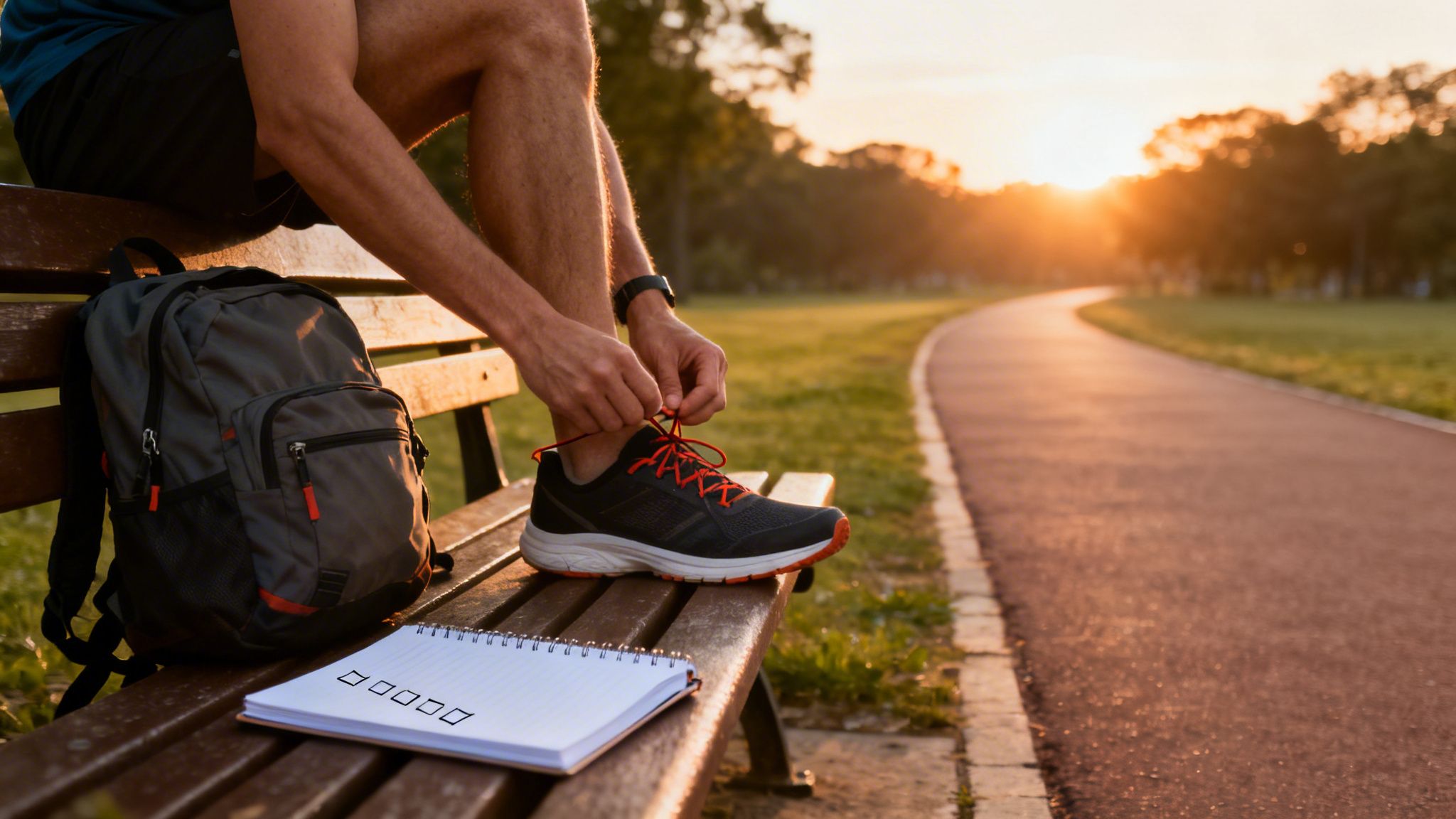 A person tying black and orange running shoes on a park bench at sunrise, with a backpack and notebook.