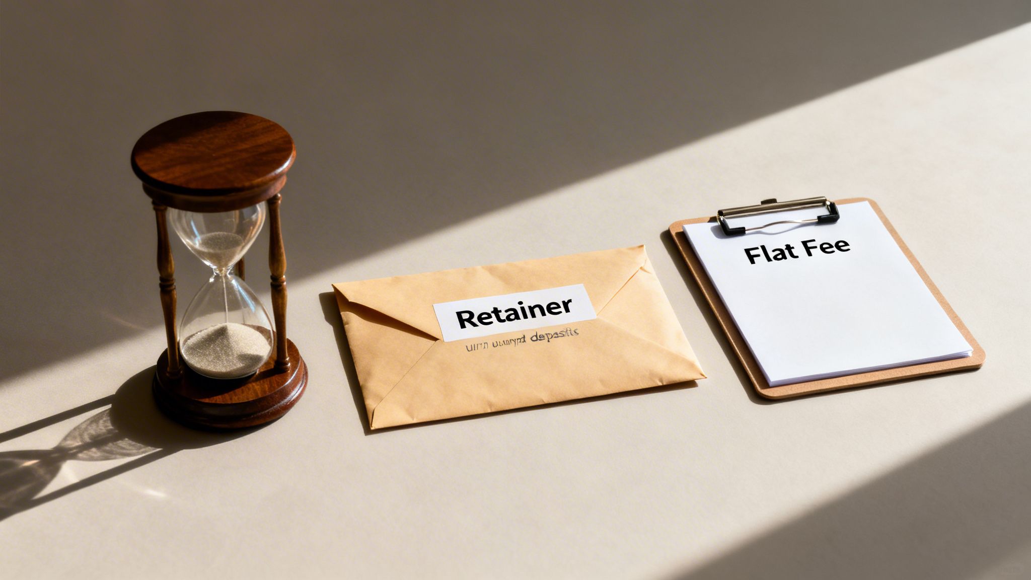 Hourglass, retainer envelope, and flat fee clipboard on a table with sunlight and shadows.