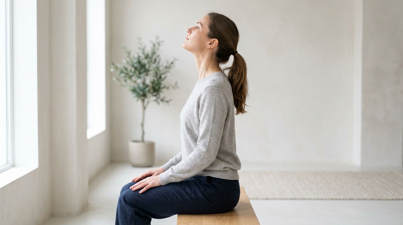 Side profile of a woman sitting calmly on a bench, looking up and taking a deep breath.