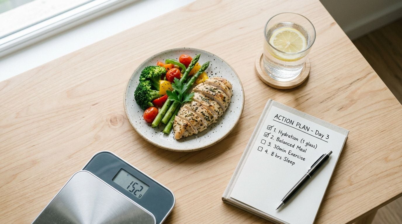 A healthy chicken and vegetable meal, a glass of water, food scale, and a daily action plan for health.