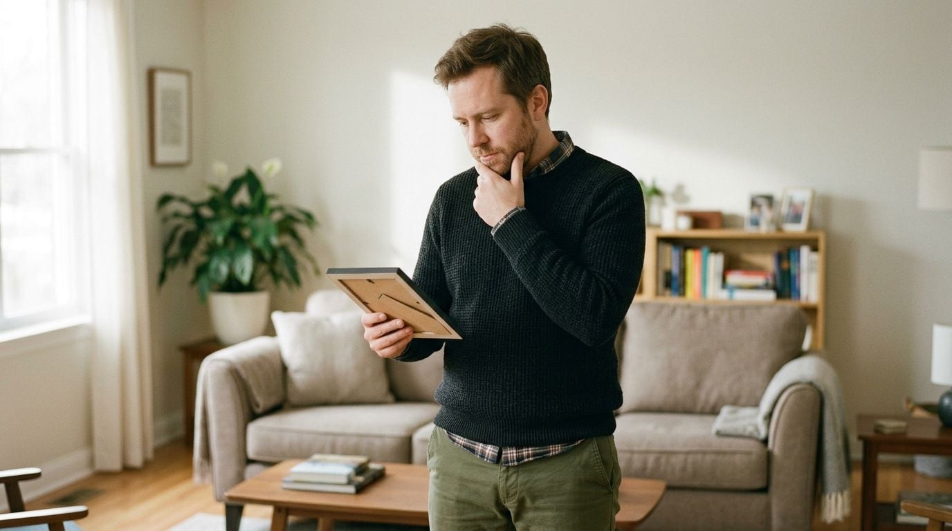 A thoughtful man in a living room holds a photo frame, appearing to reflect on memories.