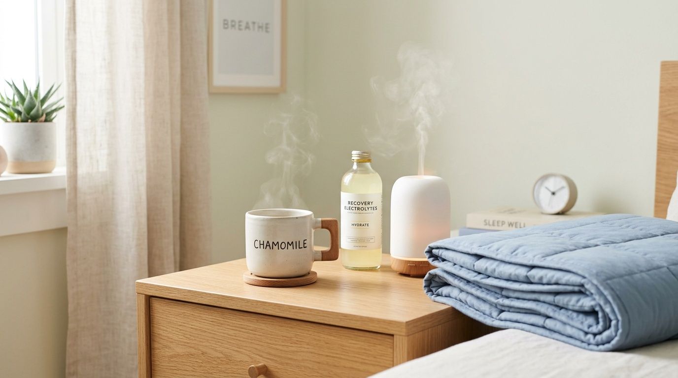 A cozy bedside setup with a steaming chamomile mug, electrolyte drink, diffuser, and blue blanket.