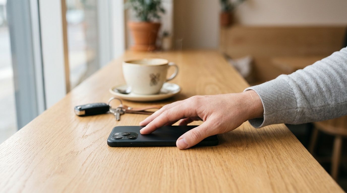 A person's hand reaches for a black smartphone on a wooden table with coffee and keys.