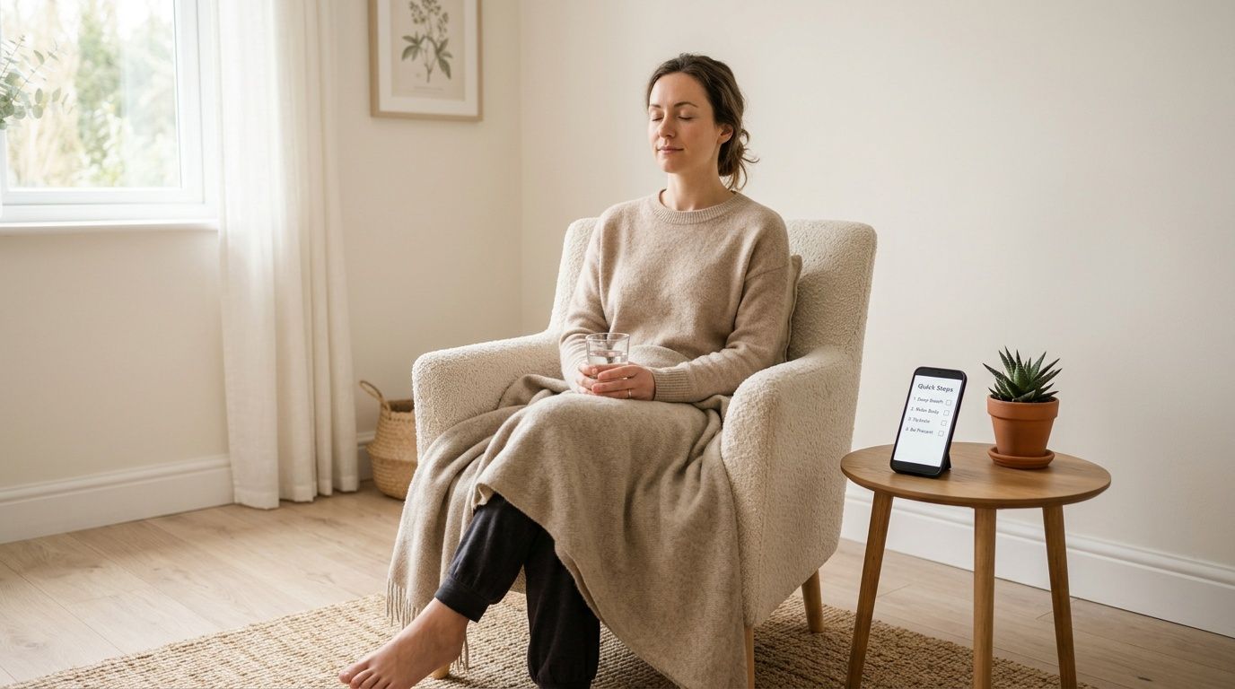 A woman in a cozy chair with closed eyes, holding water, next to a plant and phone.