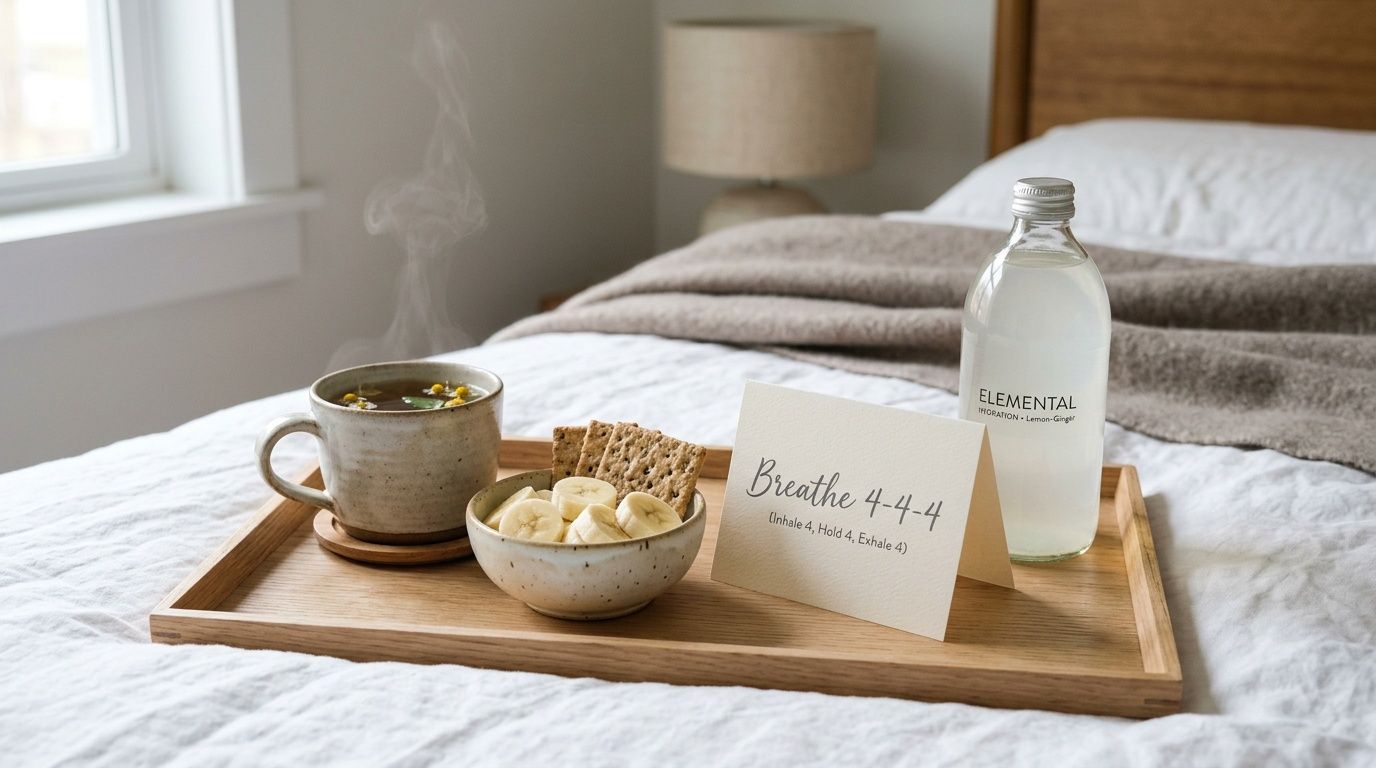 A wellness tray on a bed with steaming herbal tea, bananas, crackers, and a breathing exercise card.