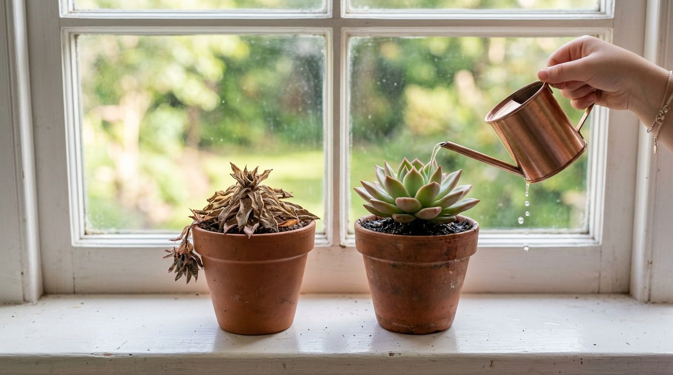 A person waters a healthy green succulent with a copper watering can next to a dry, dead plant on a windowsill.