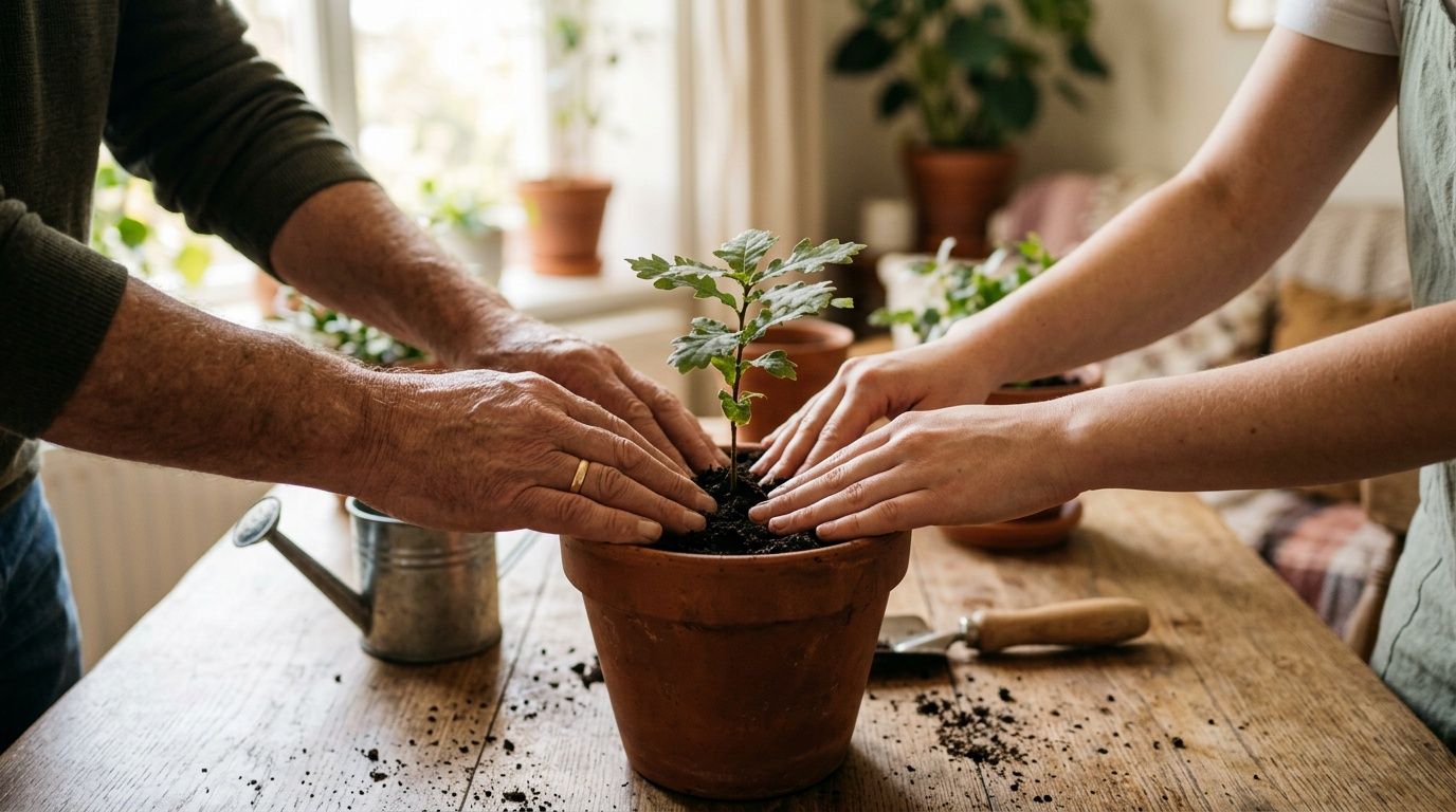 Close-up of two people's hands potting a small green plant in a terracotta pot on a wooden table.
