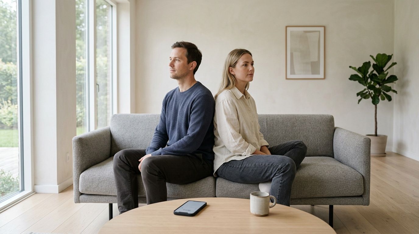 A man and woman sit back-to-back on a gray couch, looking away, representing relationship distance.