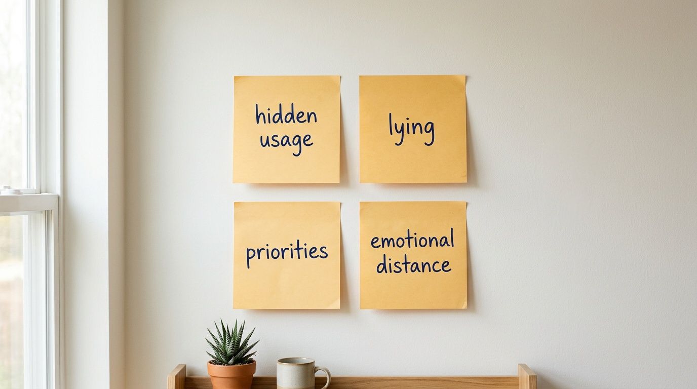Four yellow sticky notes on a wall display 'hidden usage,' 'lying,' 'priorities,' and 'emotional distance,' suggesting relationship challenges.