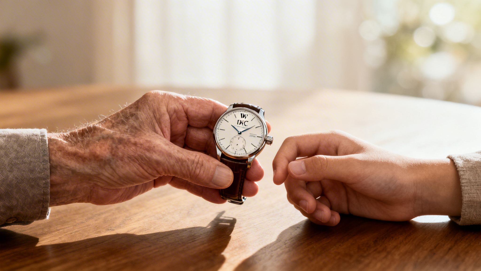 An older hand passes a luxury IWC watch to a younger hand, symbolizing legacy.