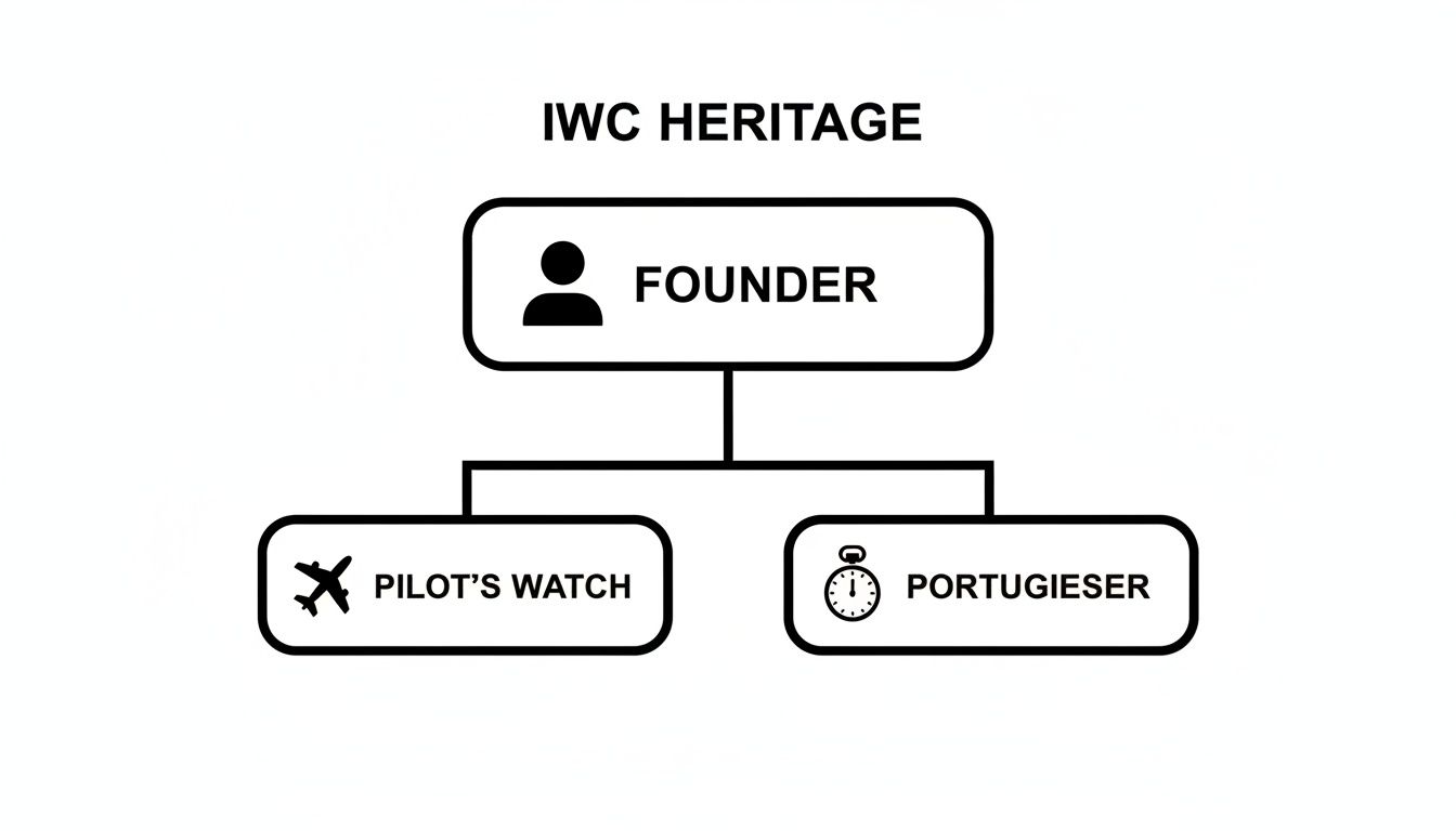 An organizational chart depicting IWC Heritage, showing the Founder linked to Pilot's Watch and Portugieser collections.