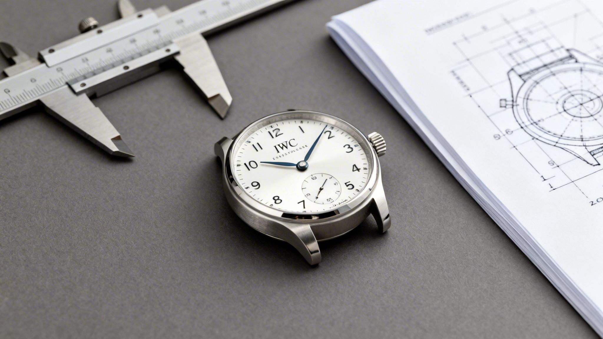 An IWC watch, a caliper, and watch engineering blueprints displayed on a gray surface.