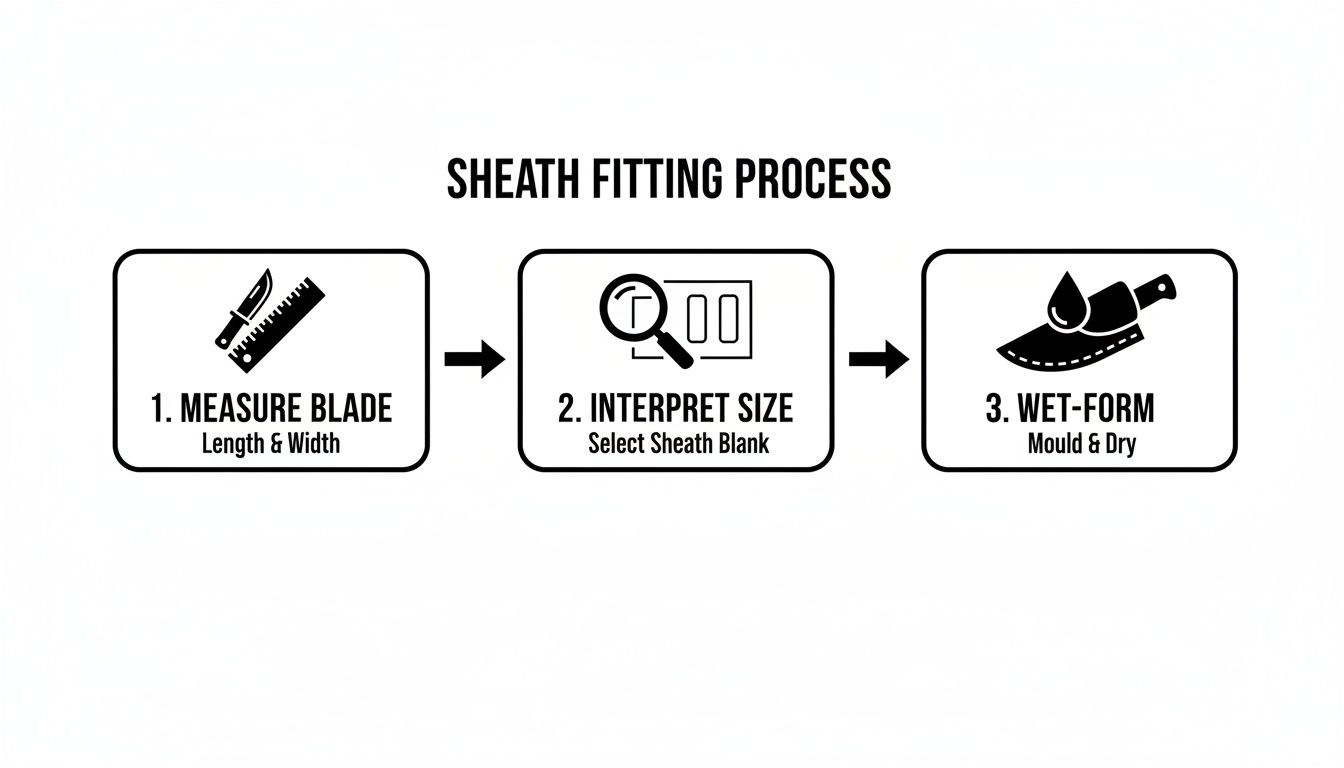 Diagram showing the three steps of the sheath fitting process: measure blade, interpret size, and wet-form.