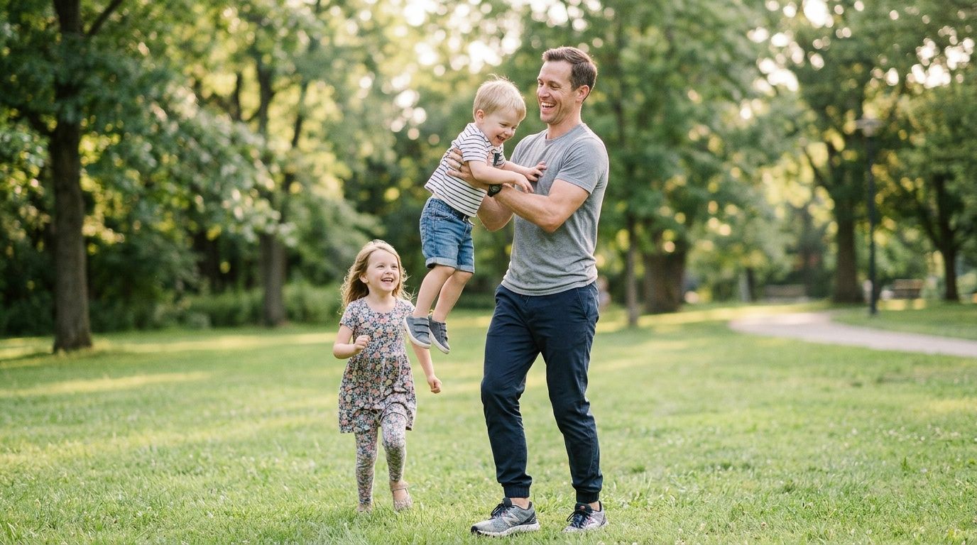A happy father playing with his laughing son and daughter in a sunny park.