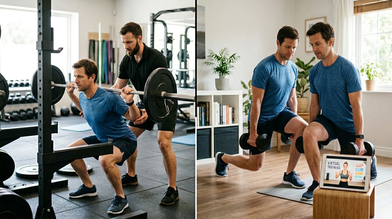A man trains with a personal trainer in a gym and virtually at home for fitness.