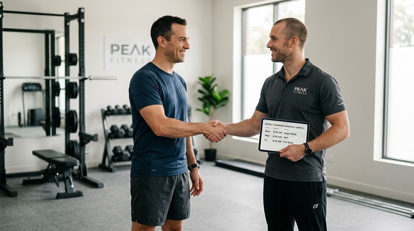 A personal trainer shakes hands with a client in a gym, holding a training schedule.