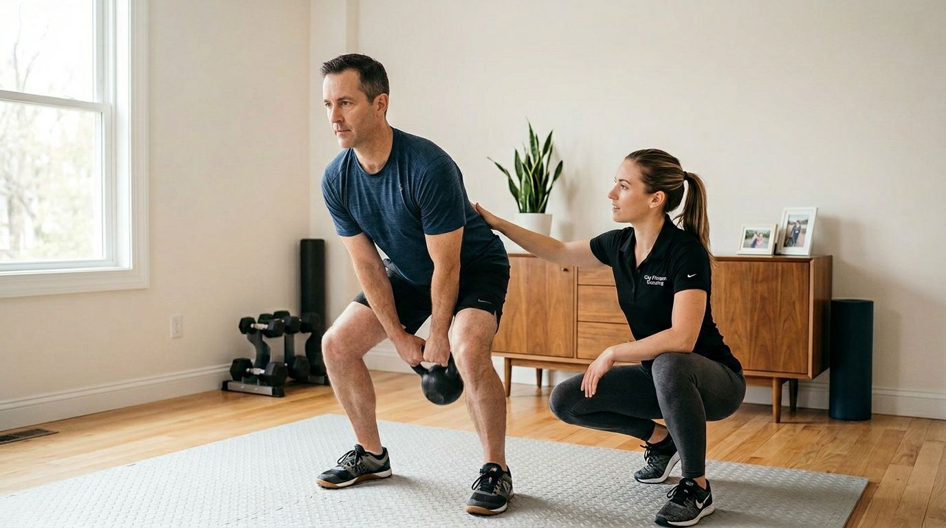 A male client performs kettlebell squats coached by a female personal trainer indoors.