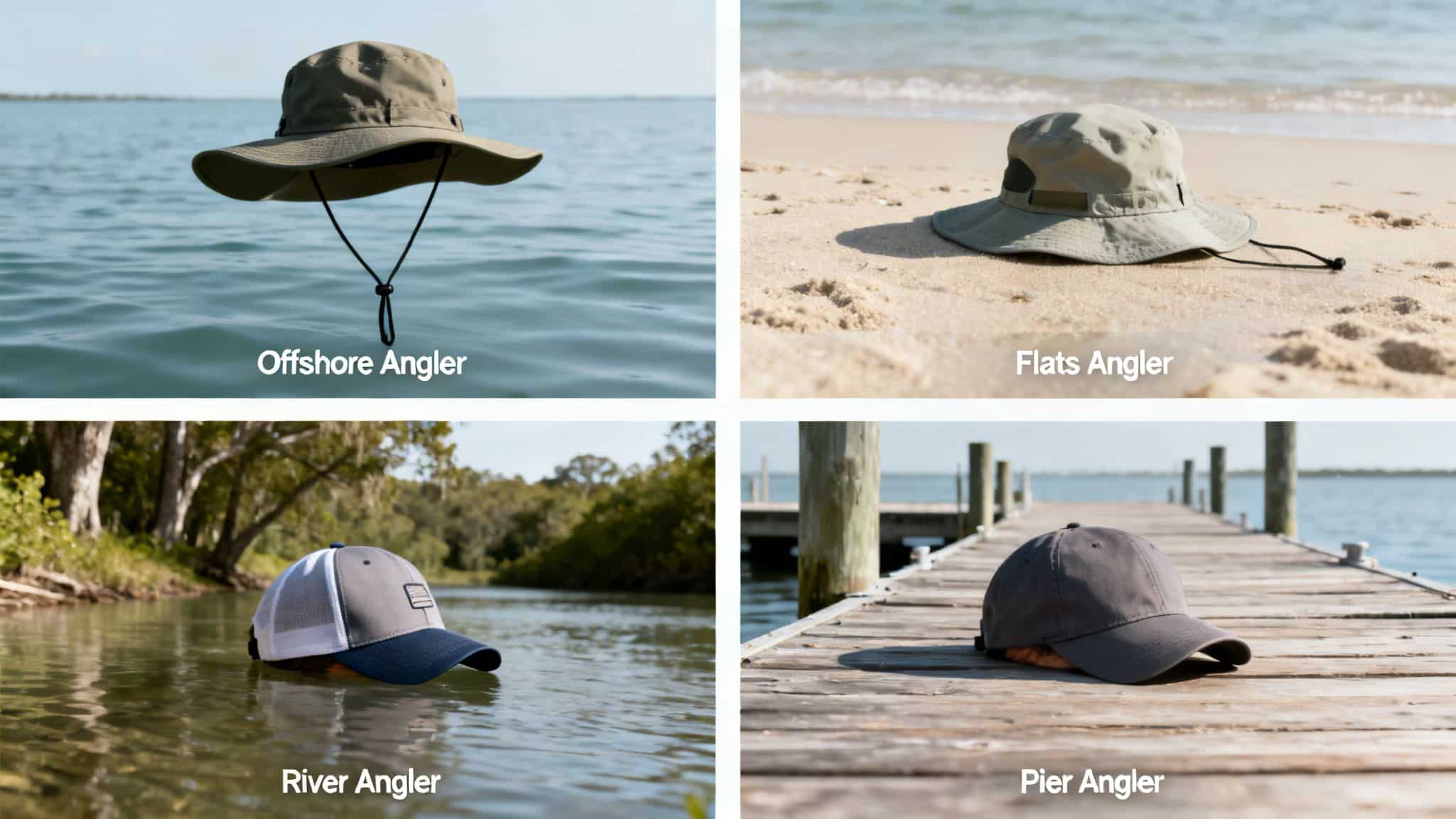Collection of mens fishing hats displayed in various natural water environments and settings.