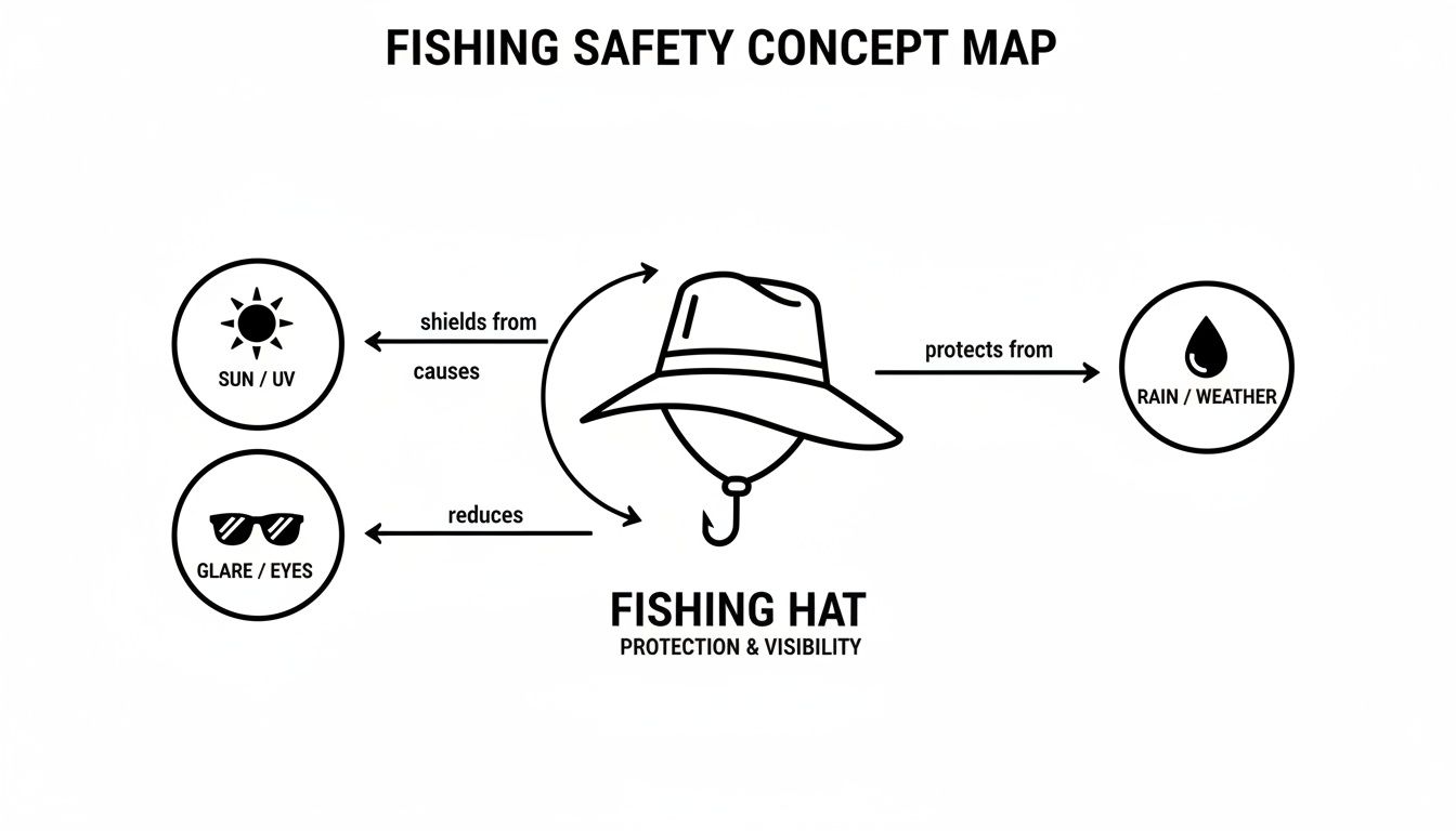Concept map illustrating a fishing hat's protection from sun/UV, glare/eyes, and rain/weather for fishing safety.