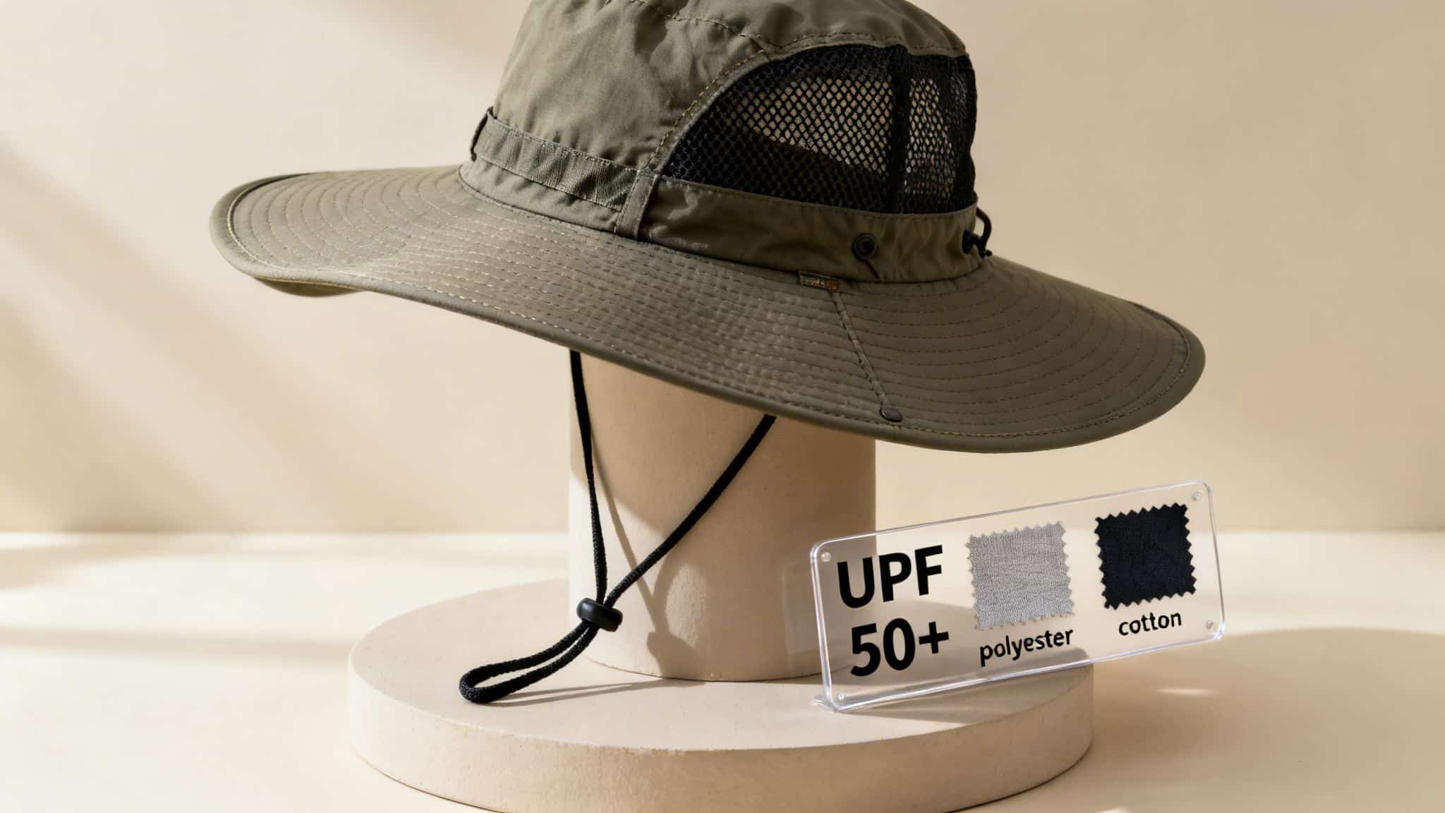 Olive green men's fishing hat with mesh ventilation, adjustable chin strap, and UPF 50+ protection.