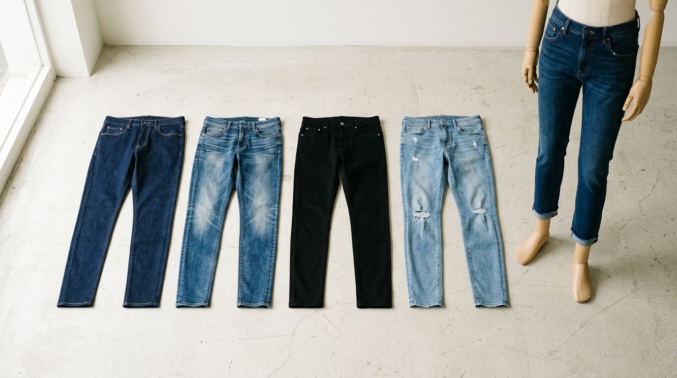 Five pairs of men's skinny jeans in different washes, some laid flat, one on a mannequin.